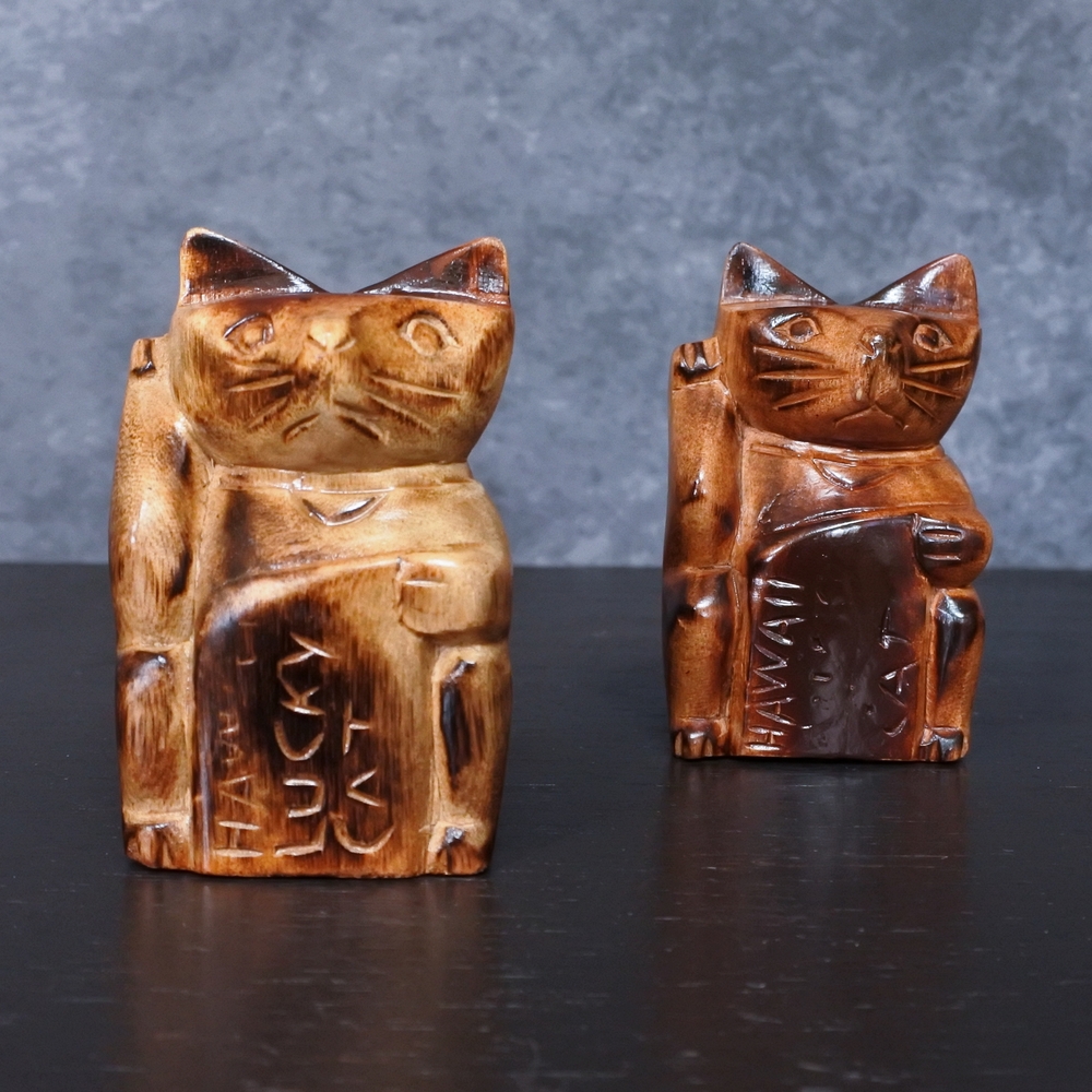Vintage Hawaiian Wooden Neko Lucky Cat Wood Carving Figurine Set